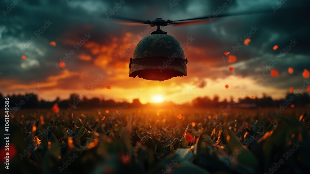 Fototapeta premium Soldier's Helmet Floating in Sunset Sky with Poppy Petals