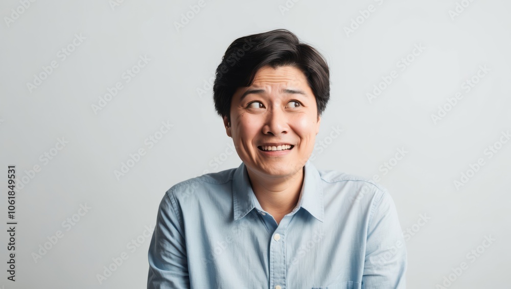 A person with an expressive smile showing a mix of surprise and uncertainty in a bright, neutral setting A person with an expressive smile showing a mix of surprise and uncertainty in a bright, neutral setting