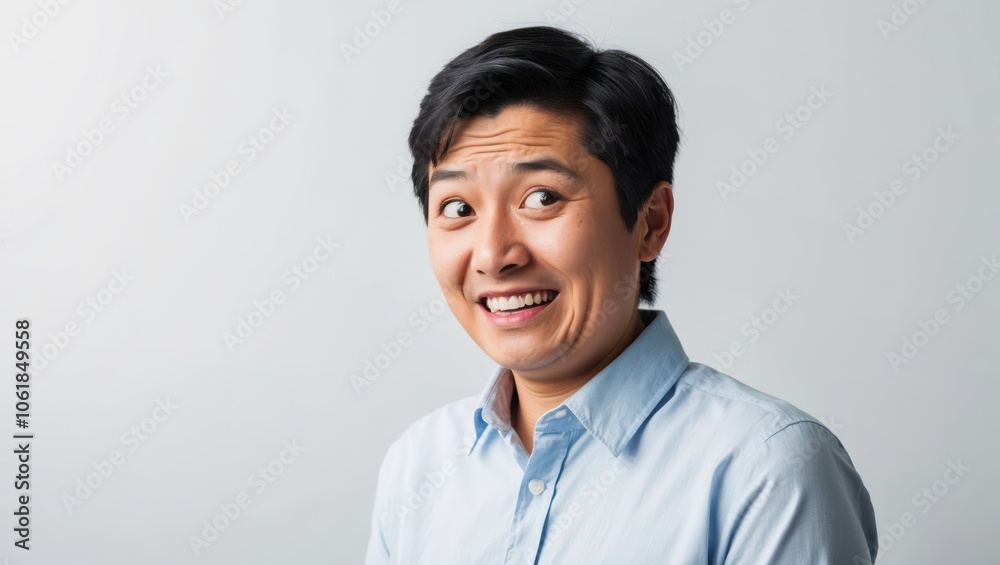 A man with a surprised expression poses against a soft gray background during an indoor photo session in the afternoon