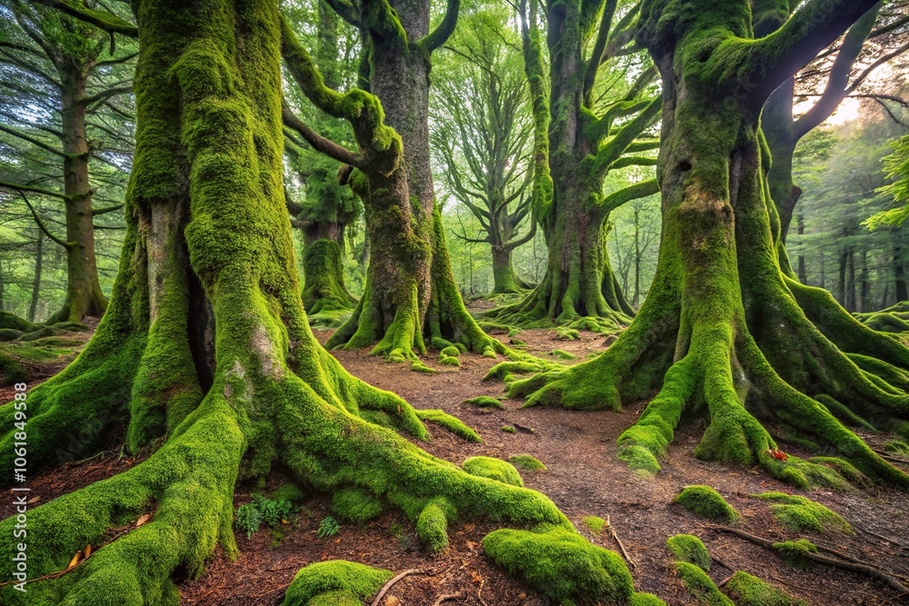 Ancient forest with gnarled tree trunks and moss-covered bark, forests, branches Ancient forest with gnarled tree trunks and moss-covered bark, forests, branches