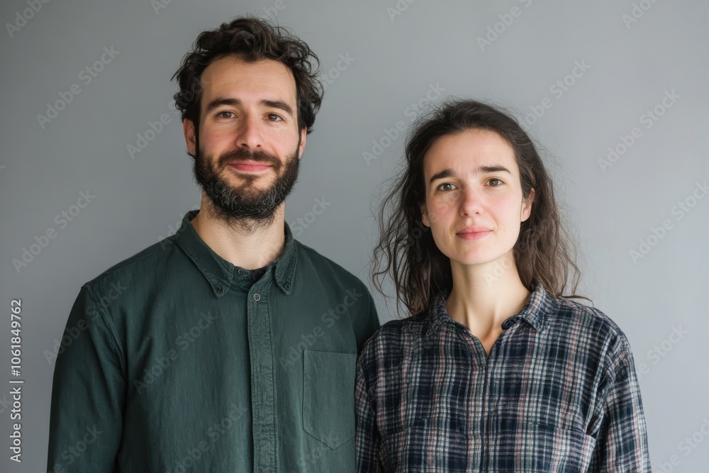 Portrait of two individuals side by side in a casual setting with neutral background, captured during a relaxed moment Portrait of two individuals side by side in a casual setting with neutral background, captured during a relaxed moment