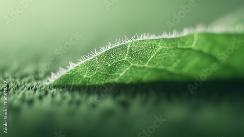 A highly detailed macro shot focusing on the velvety texture of a fuzzy green leaf, with its tiny hairs catching the light. The leafâ€™s surface appears soft yet structured, with a complex pattern of photo