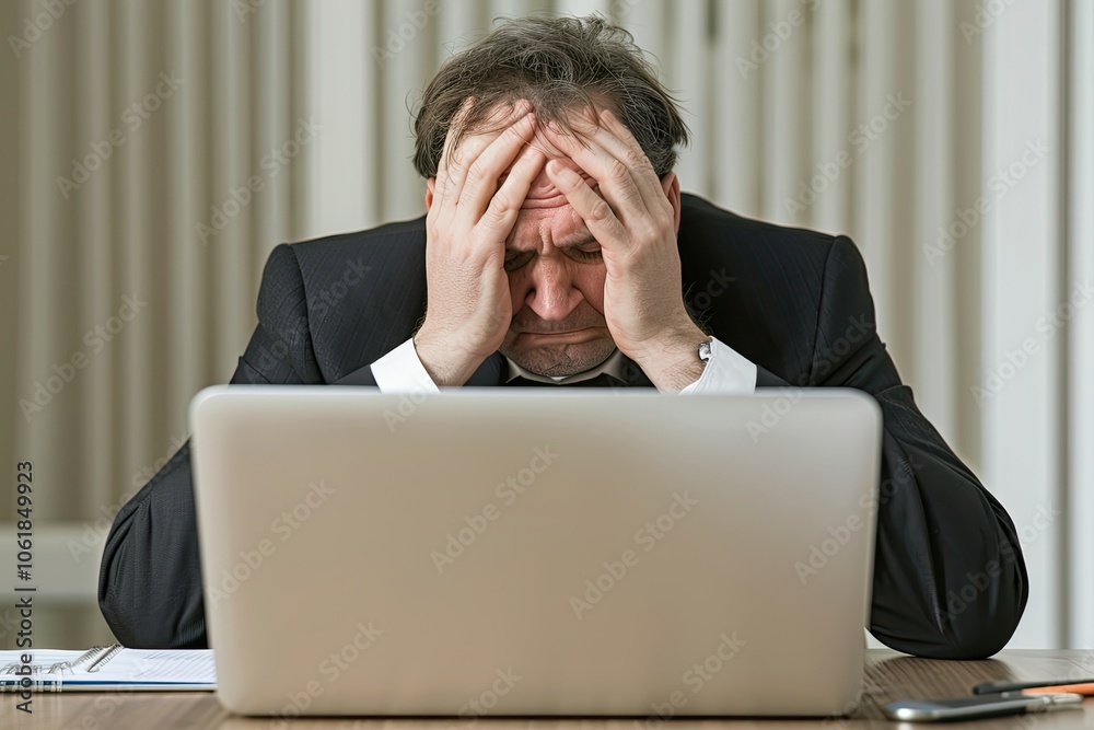 Man in suit holding his head, appearing frustrated and stressed while working on laptop at desk Man in suit holding his head, appearing frustrated and stressed while working on laptop at desk