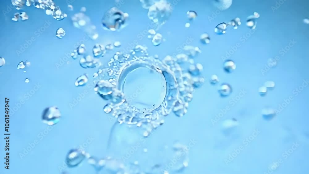 Vibrant splashing water droplets in motion against a blue abstract background