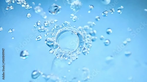 Vibrant splashing water droplets in motion against a blue abstract background