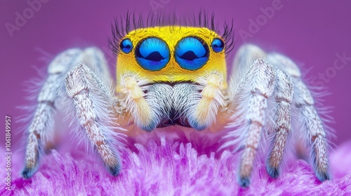 Colorful Jumping Spider with Blue Eyes on Purple Flower Macro Photography