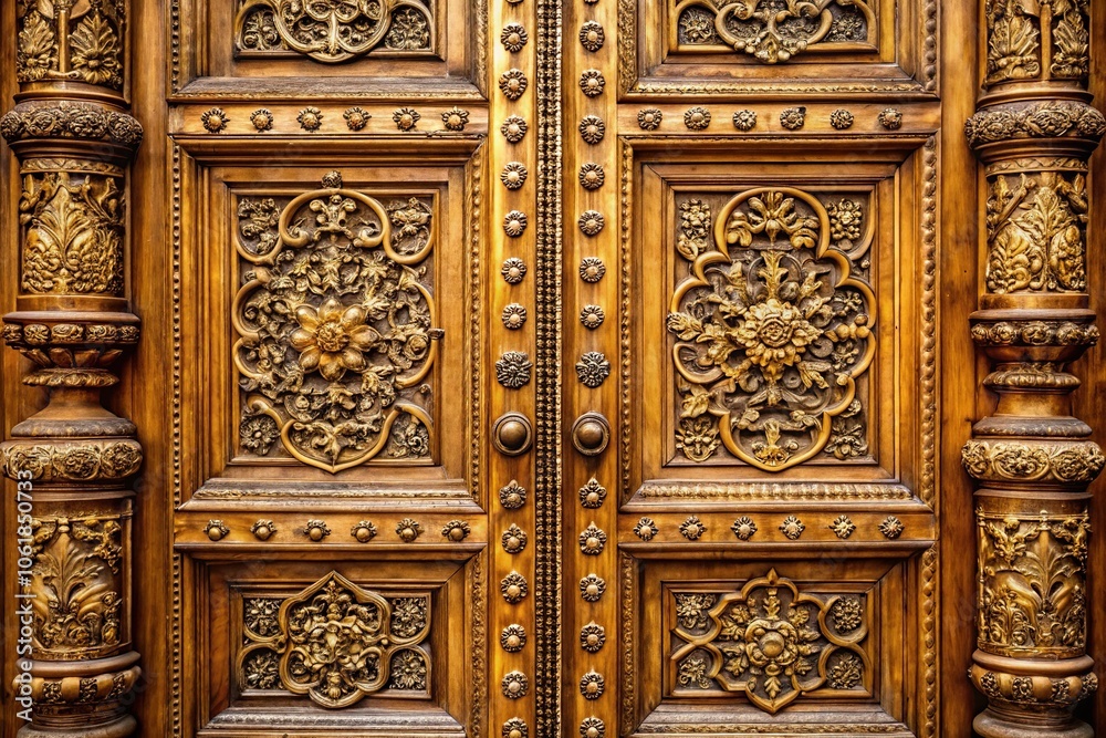 An ornate, antique-style door with a golden finish and intricate carvings, entrance, woodwork, ornate An ornate, antique-style door with a golden finish and intricate carvings, entrance, woodwork, ornate