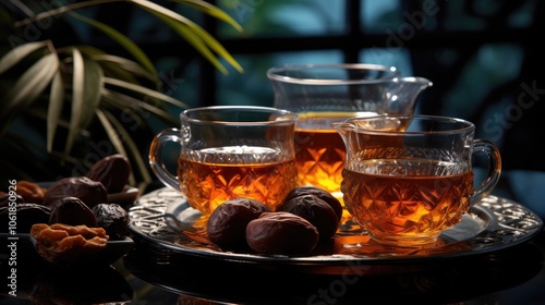 Ramadan food and drinks concept. Ramadan tea and dates fruits on dark background. 