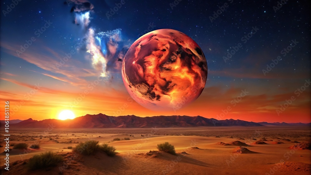 a reddish glow emanating from the horizon as a blood moon rises above a desert landscape at dawn, desert, sunrise, natural wonder, atmospheric effect, rocky outcrops a reddish glow emanating from the horizon as a blood moon rises above a desert landscape at dawn, desert, sunrise, natural wonder, atmospheric effect, rocky outcrops