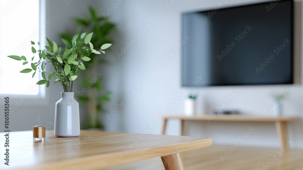 A vase with green leaves on a wooden coffee table in a modern living room. A vase with green leaves on a wooden coffee table in a modern living room.