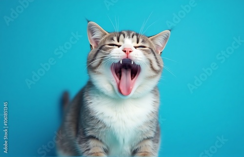 A playful shot of a chubby grey and white cat against a vibrant blue background, caught mid-yawn with its mouth open and tongue out