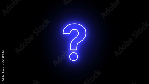 Neon blue question mark on a neon question mark hanging from a string, with a dark brick wall background-standard.Question Mark Red Neon Light On Black Wall.Neon sign in form of a question mark .