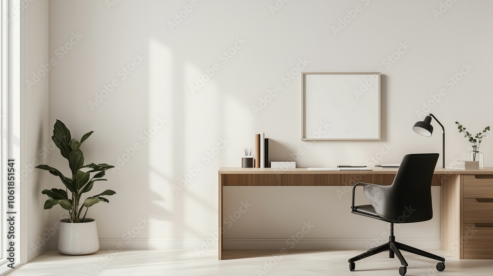 A bright, minimalist home office setup featuring a sleek desk and a stylish chair in a serene environment bathed in daylight A bright, minimalist home office setup featuring a sleek desk and a stylish chair in a serene environment bathed in daylight
