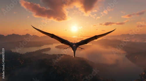 A majestic bird soars over a serene landscape with a vibrant sunset, showcasing nature's beauty and freedom.
