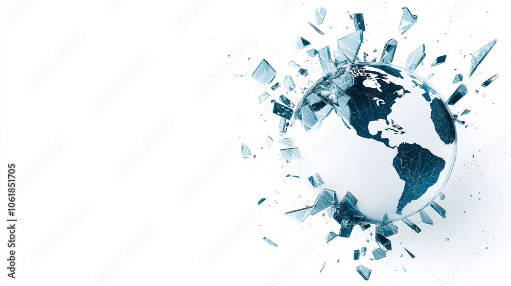 digital representation of Earth shattering into pieces, showcasing transparent and abstract design. globe features network pattern, symbolizing connectivity and fragility digital representation of Earth shattering into pieces, showcasing transparent and abstract design. globe features network pattern, symbolizing connectivity and fragility