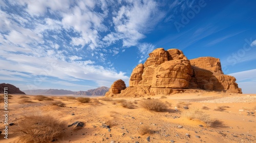 A vast desert landscape featuring dramatic rock formations under a blue sky with scattered clouds.