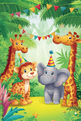 animal zoo concept celebration birthday background bright colors gifts, cake, balloons, confetti with birthday candles