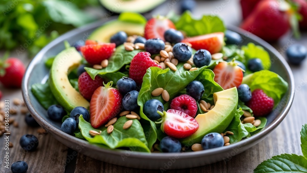 Salad with anti-inflammatory foods, leafy greens, berries, avocado, pumpkin seeds in vibrant colors
