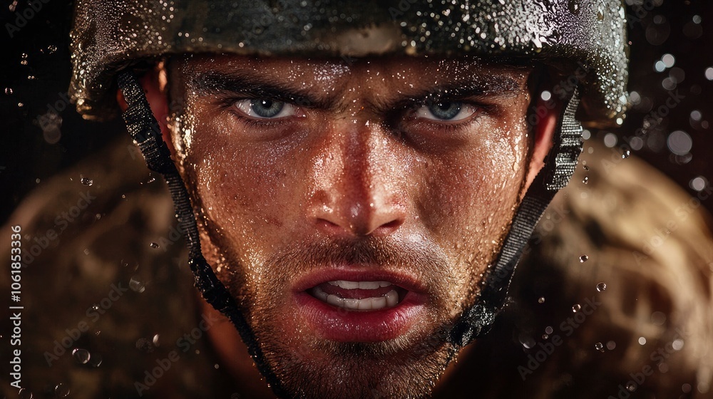 Close Up Portrait of a Determined Soldier in Combat Gear with Rainwater Droplets on His Face Close Up Portrait of a Determined Soldier in Combat Gear with Rainwater Droplets on His Face