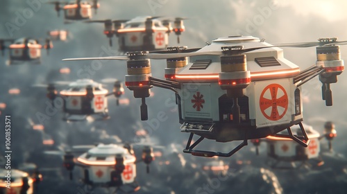 A medical drone fleet delivering emergency supplies to disaster stricken areas.