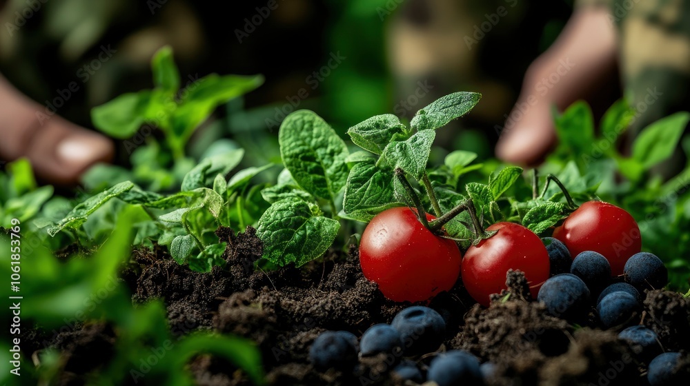 Fresh Tomatoes and Blueberries in a Lush Garden Fresh Tomatoes and Blueberries in a Lush Garden