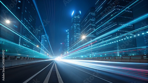 Cityscape with Blurry Light Trails on a Highway at Night, Capturing the Vibrant Energy and Movement of Urban Life