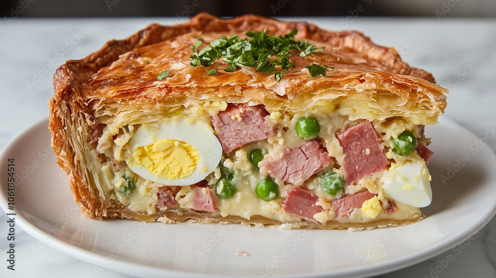 Savory Deep-Dish Ham Pie with Creamy Filling on White Plate Savory Deep-Dish Ham Pie with Creamy Filling on White Plate