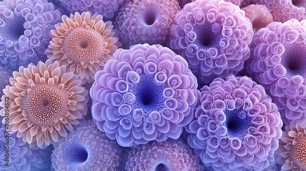 Abstract pattern of colorful 3D flowers with detailed textures. Abstract pattern of colorful 3D flowers with detailed textures.