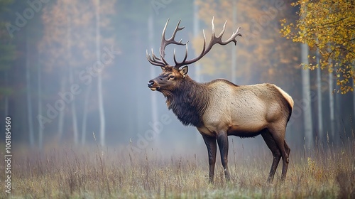 A majestic elk in a misty forest.