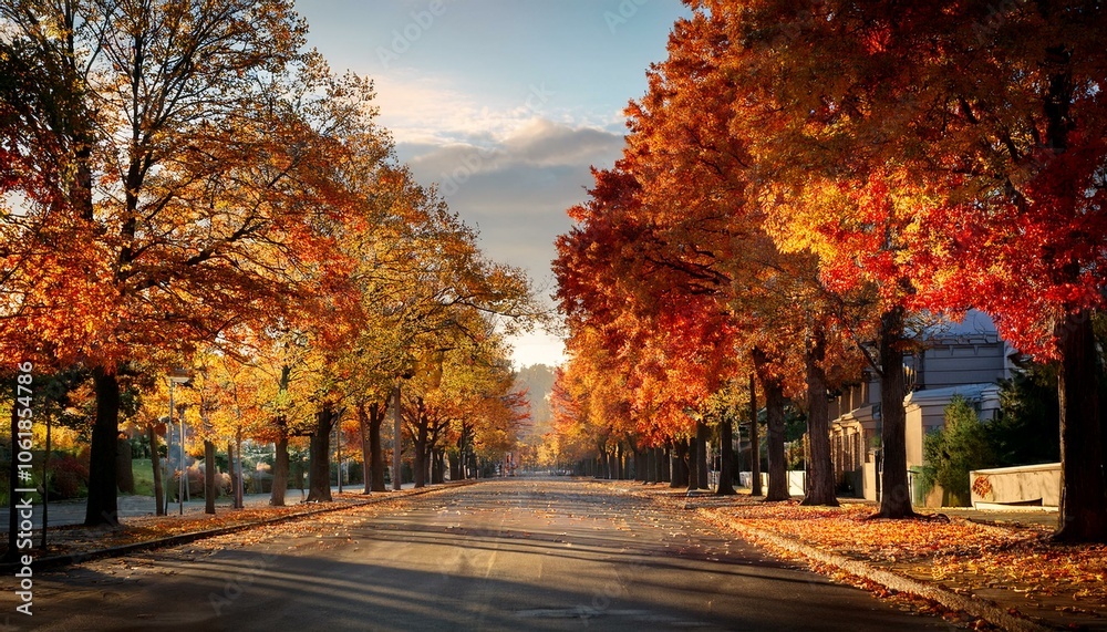 Naklejka premium Autumn scenic asphalt road, with maple trees beside.
