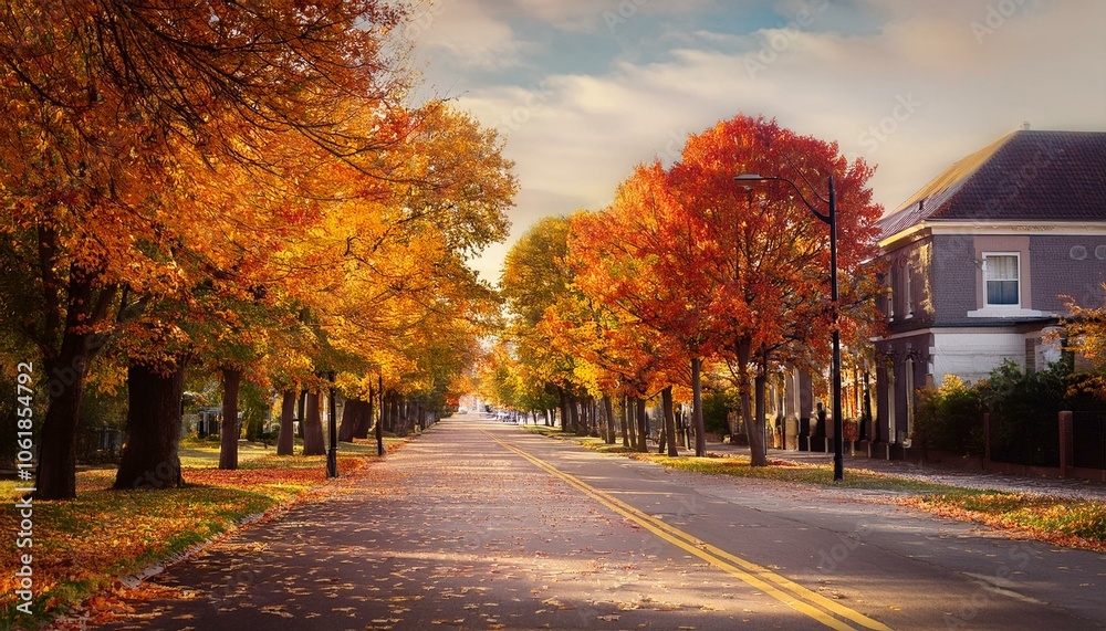 Naklejka premium Autumn scenic asphalt road, with maple trees beside.