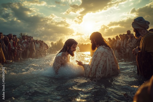 John the Baptist baptizing Jesus in the Jordan River, with Jesus emerging from the water as sunlight breaks through clouds, surrounded by people in ancient Hebrew clothing witnessing the event