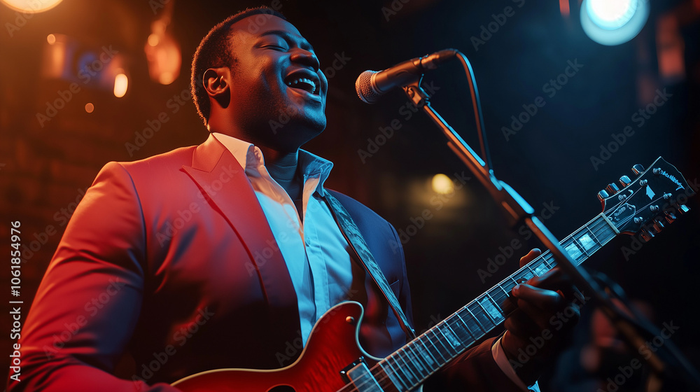 Obraz premium Smoky Speakeasy Jazz Bar with Black Man Playing Guitar in 1960s Style