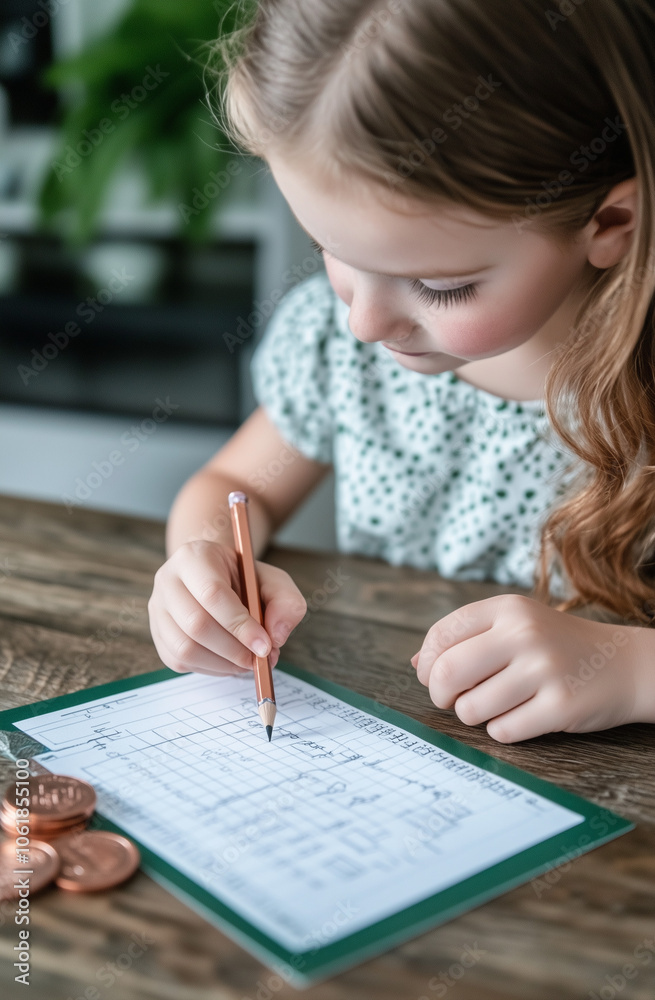 Young Girl Writing on Math Worksheet with Coins from Raffle Prize