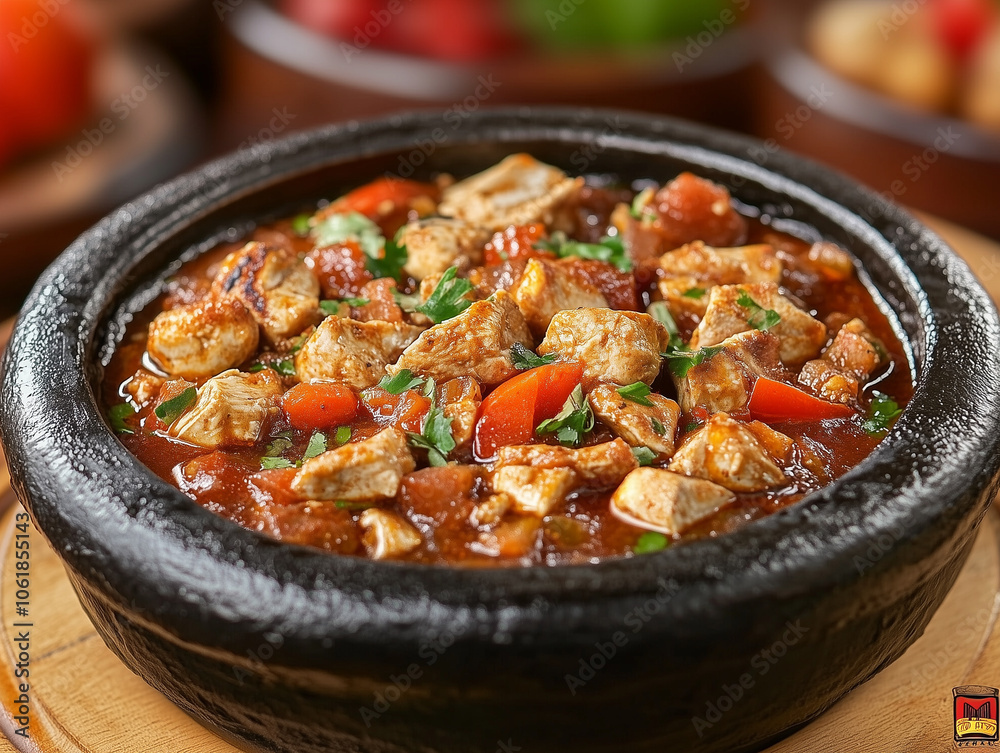 Moroccan Spiced Chicken Stew with Apricots on Dining Table Moroccan Spiced Chicken Stew with Apricots on Dining Table