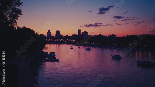 Stunning twilight view of the Connecticut River surrounded by city lights and peaceful boats on the water