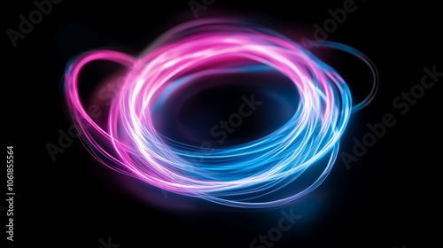 Abstract swirling pink and blue neon light trails in a circular pattern on a black background.