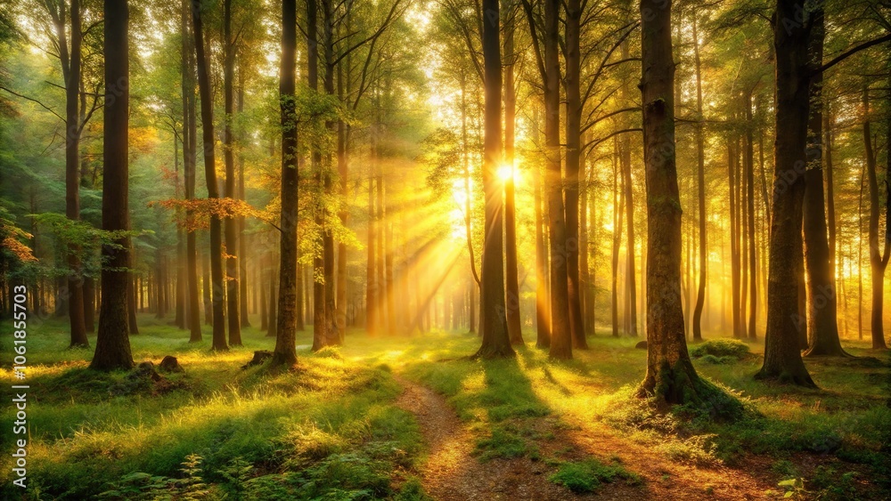 Fototapeta premium A tranquil forest bathed in golden light awaits the coming night with an air of mystery and intrigue, shadows, nocturnal