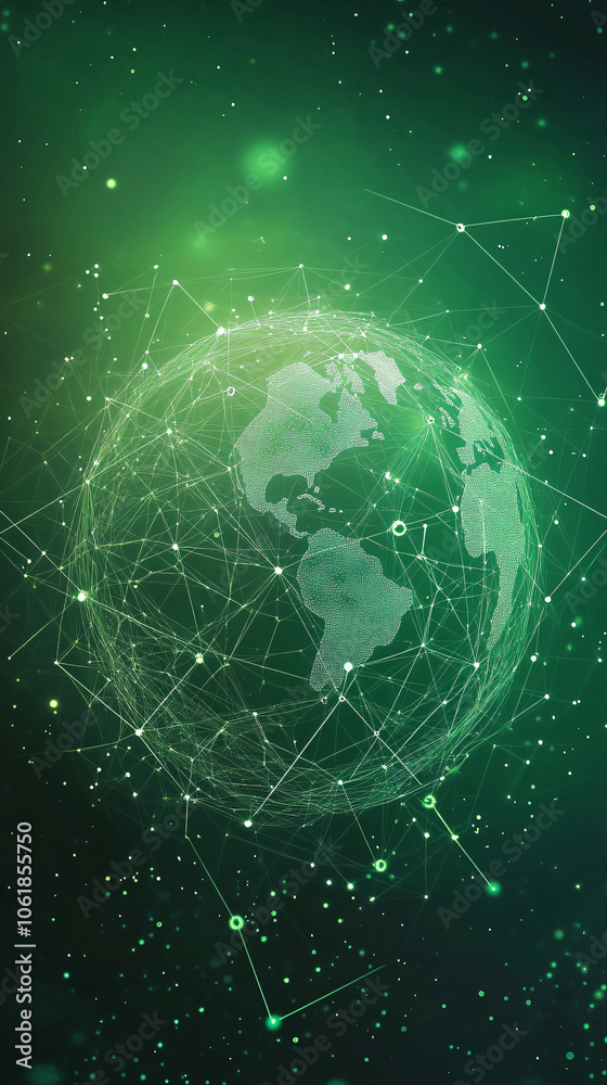 Global network and environmental technology concept: planet earth rotating with internet connection lines and dots on a green background Global network and environmental technology concept: planet earth rotating with internet connection lines and dots on a green background