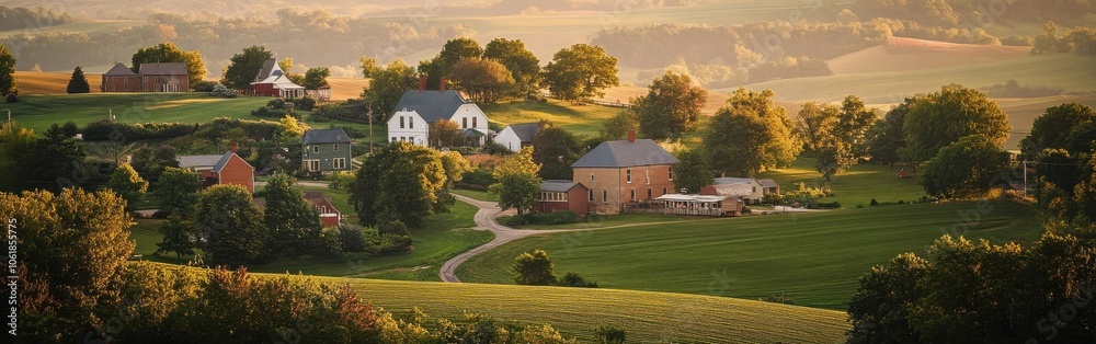 A scenic view of the Amana Colonies showcasing lush landscapes, historic architecture, and serene countryside during golden hour