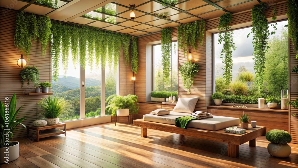 Fototapeta premium Serene Minimalist Spa Room with Natural Light and Lush Greenery for Tranquil Relaxation and Wellness Experience