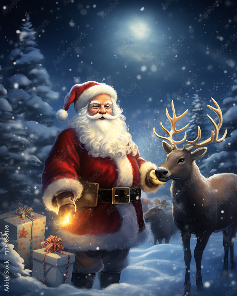 Santa Claus in festive attire with reindeer in a snowy landscape, surrounded by Christmas gifts and twinkling lights. Santa Claus in festive attire with reindeer in a snowy landscape, surrounded by Christmas gifts and twinkling lights.