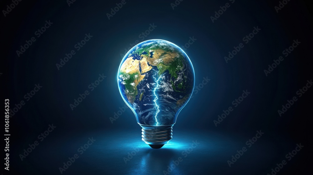 Abstract futuristic light bulb with a glowing Earth inside and lightning on a dark blue background, illustration concept of sustainable development. Abstract futuristic light bulb with a glowing Earth inside and lightning on a dark blue background, illustration concept of sustainable development.