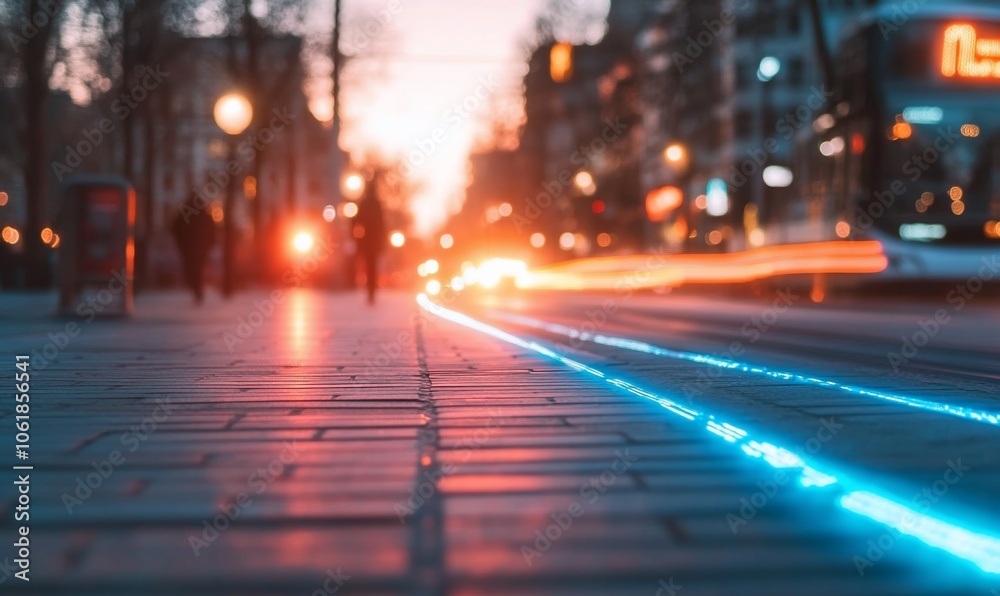 City street at dusk with light trails from passing cars. City street at dusk with light trails from passing cars.