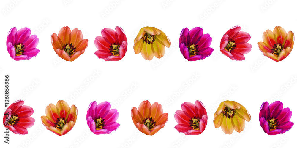 Pink, orange, yellow tulips. Seamless border or horizontal frame of watercolor flowers isolated on a white background for Mother's, Women's,Valentine's Day, Easter, spring holidays, birthday, weddings Pink, orange, yellow tulips. Seamless border or horizontal frame of watercolor flowers isolated on a white background for Mother's, Women's,Valentine's Day, Easter, spring holidays, birthday, weddings