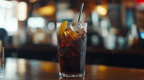 A refreshing glass of cola filled with ice and a straw sits on a table