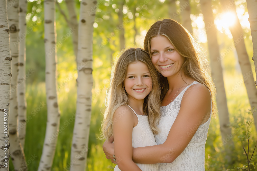 Mother and daughter standing together in a sunlit forest, sharing a moment of happiness and connection, surrounded by nature. Mother and daughter standing together in a sunlit forest, sharing a moment of happiness and connection, surrounded by nature.