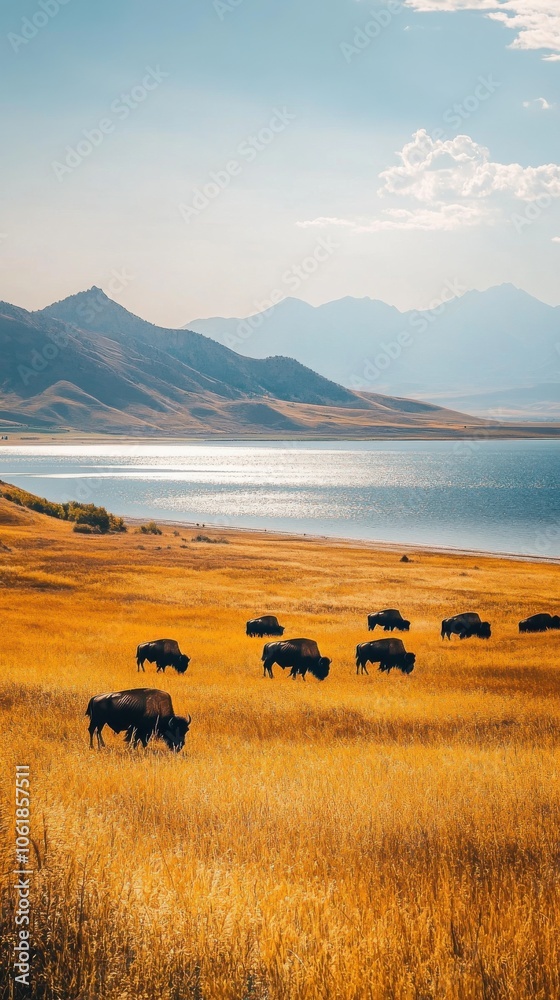 Obraz premium Bison grazing in golden grasslands near a tranquil lake at sunset in a picturesque mountain landscape