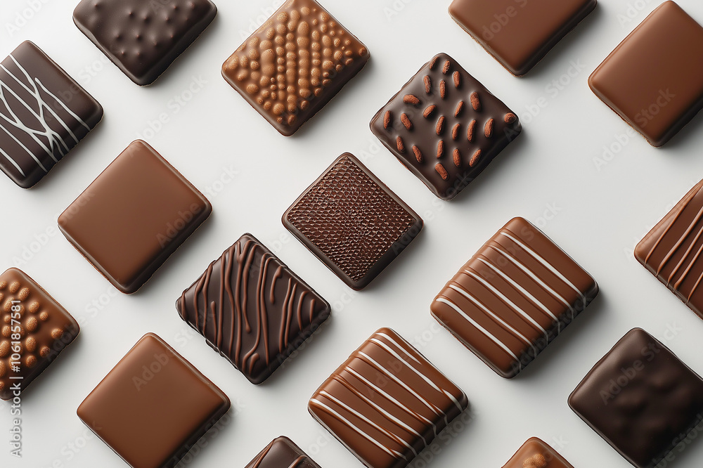 Assorted chocolates in various shapes and designs arranged neatly on a white background, showcasing a tempting and elegant dessert. Assorted chocolates in various shapes and designs arranged neatly on a white background, showcasing a tempting and elegant dessert.