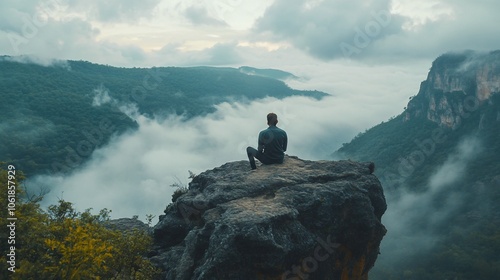 A lone man sits on a cliff overlooking a misty valley.